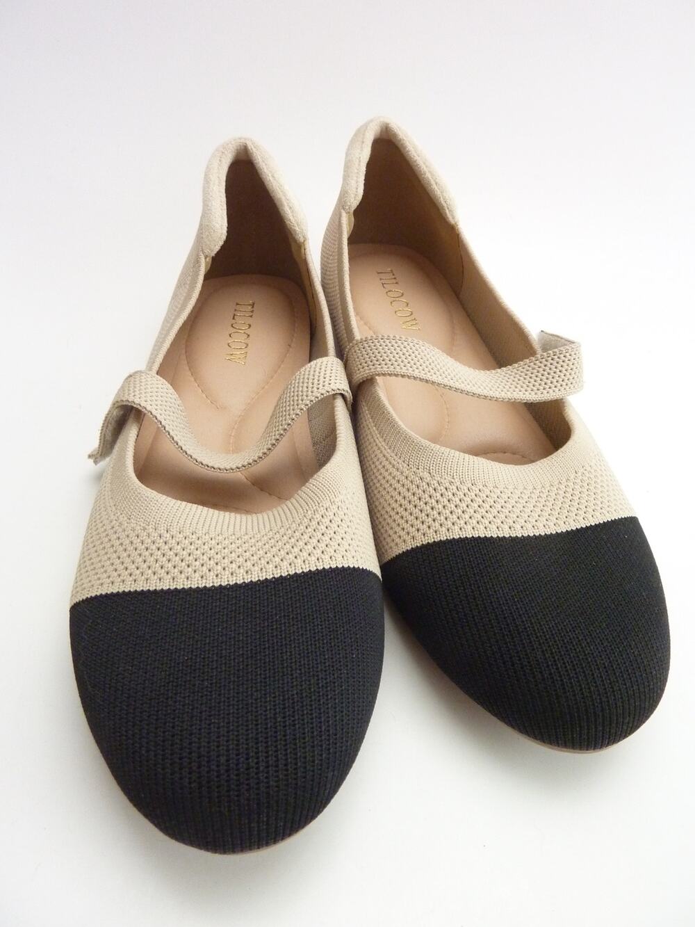 Womens Tilocow Mary Jane Ballet Flat Shoes Size 38 US 8.5 Beige Black Knit Flat